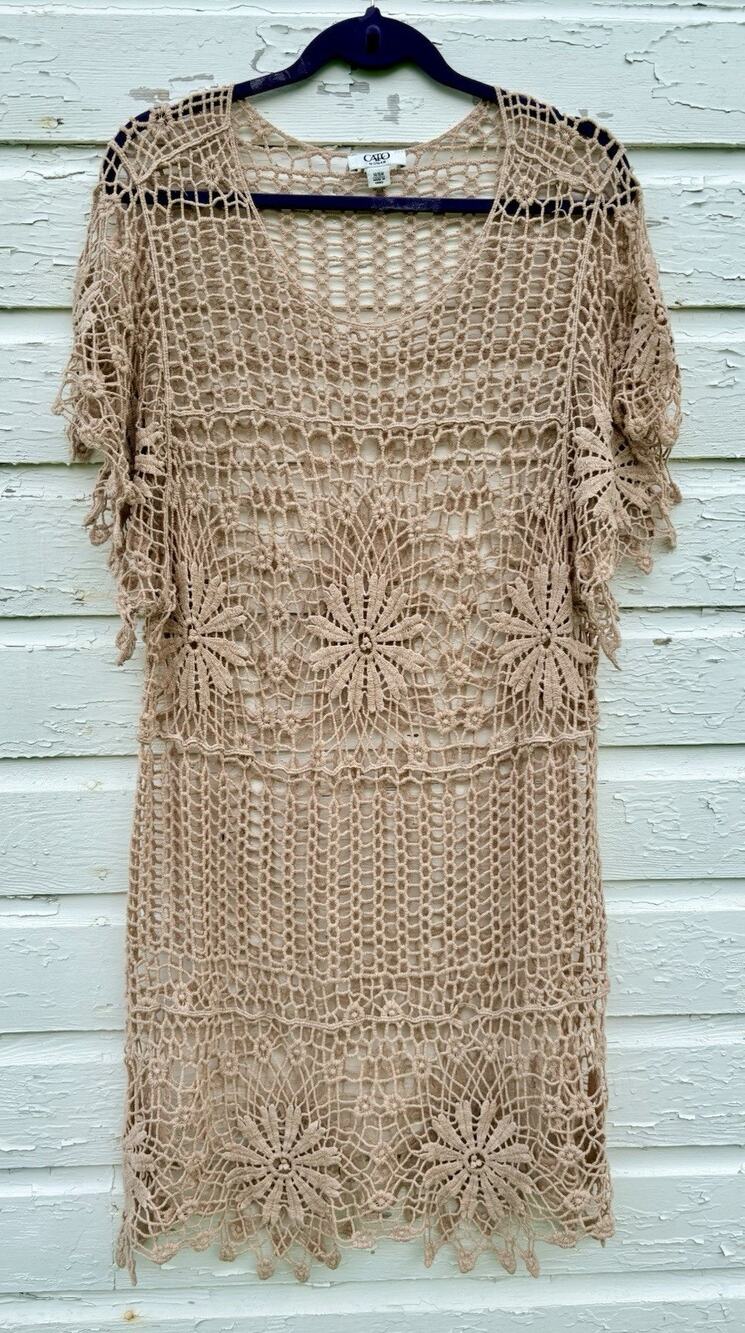 Cato Womens Coverup Top Tan Crochet Floral Trim Open Knit Swim Beach 1X Boho